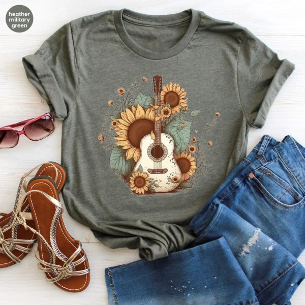 Retro Guitar Sunflower Graphic Tees Shirt