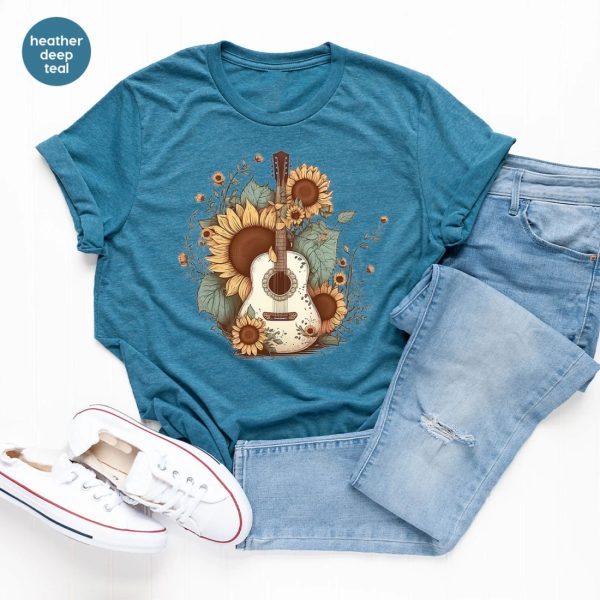 Retro Guitar Sunflower Graphic Tees Shirt