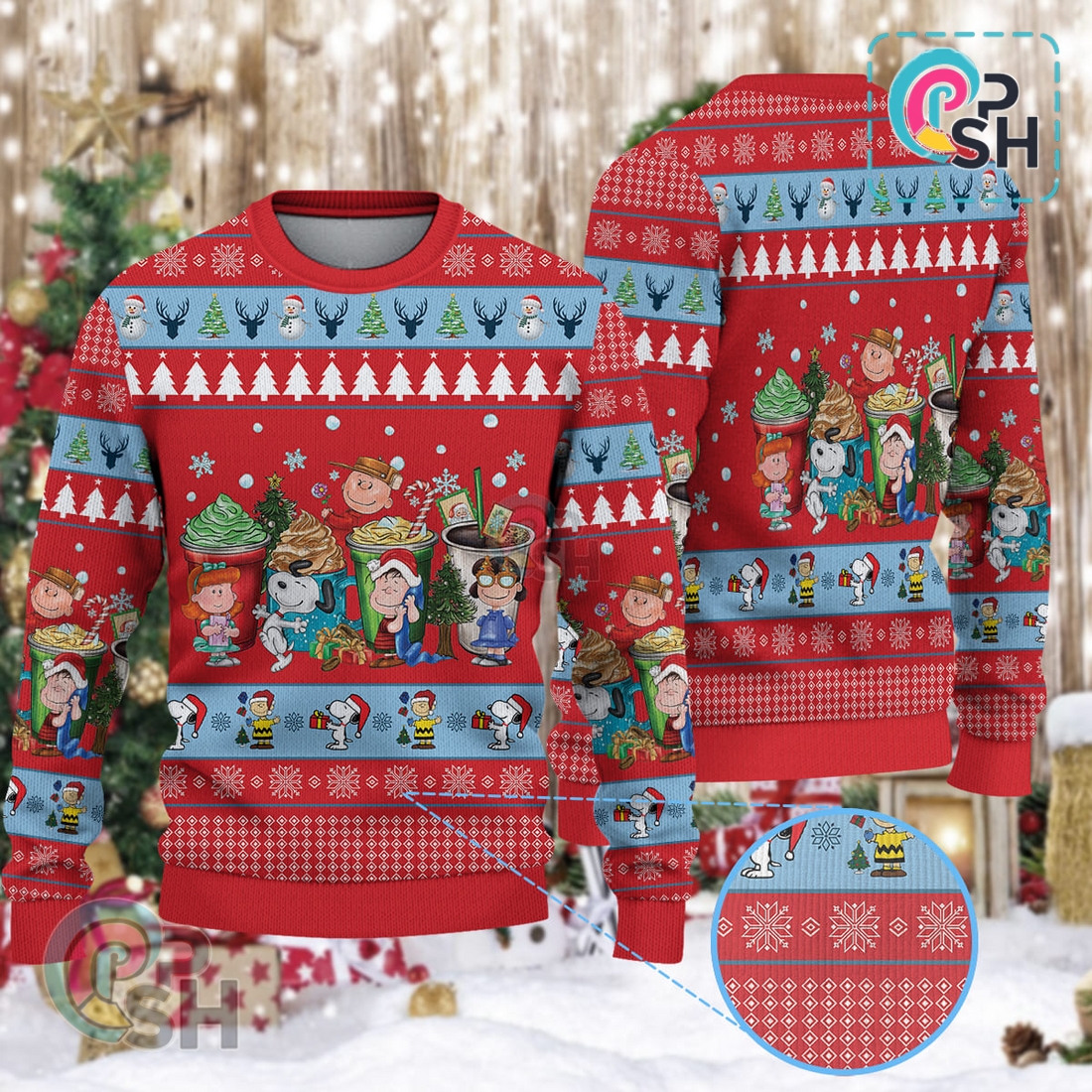 Snoopy Christmas Coffee Cups Christmas Knitted Sweater Snoopy Christmas Coffee Cups Christmas Knitted Sweater